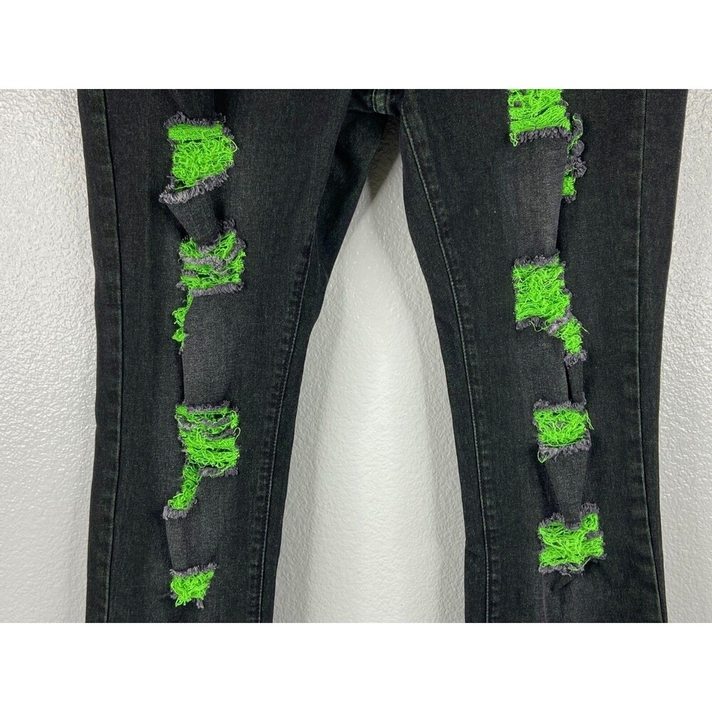 Men 36/29 Black Stretch Denim Jeans Green Distressed Urban Wear - Picture 3 of 9